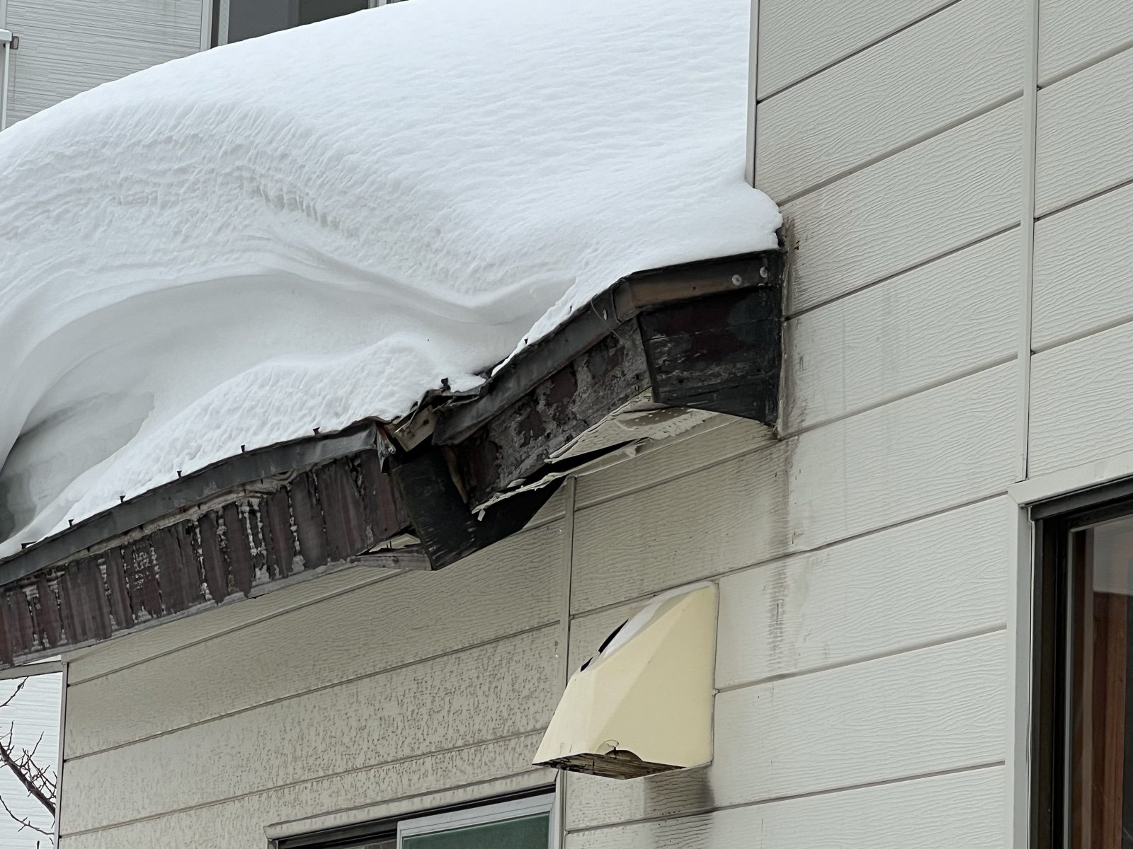 雪庇の重みで壊れた軒天